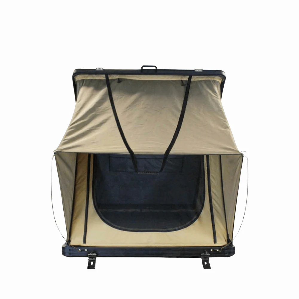LD TMON Clamshell Aluminum Hard Shell Roof Top Tent - 2 Person Capacity, Tan Body & Green Rainfly - Image 3