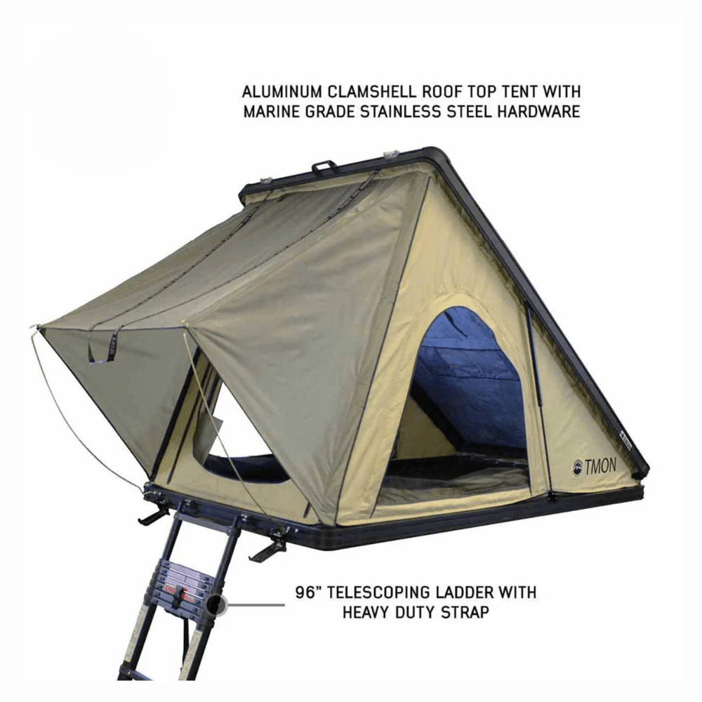 LD TMON Clamshell Aluminum Hard Shell Roof Top Tent - 2 Person Capacity, Tan Body & Green Rainfly - Image 4