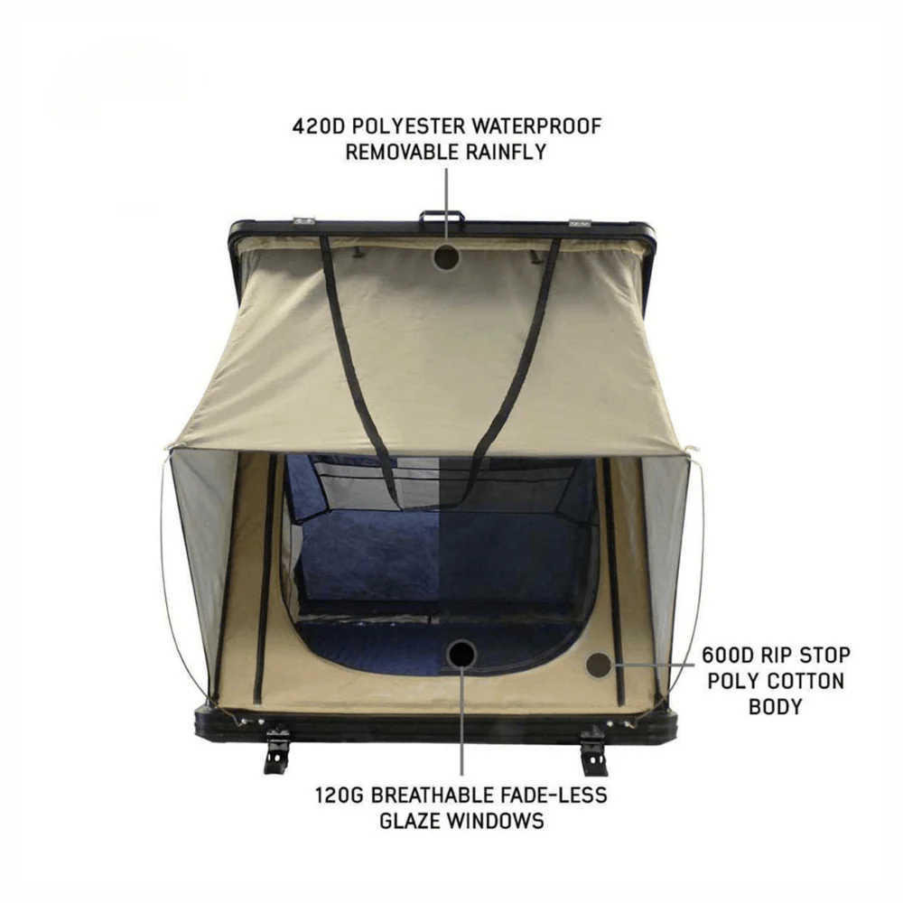 LD TMON Clamshell Aluminum Hard Shell Roof Top Tent - 2 Person Capacity, Tan Body & Green Rainfly - Image 5