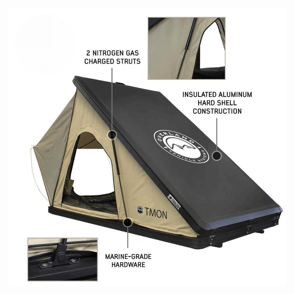 LD TMON Clamshell Aluminum Hard Shell Roof Top Tent - 2 Person Capacity, Tan Body & Green Rainfly - Image 6